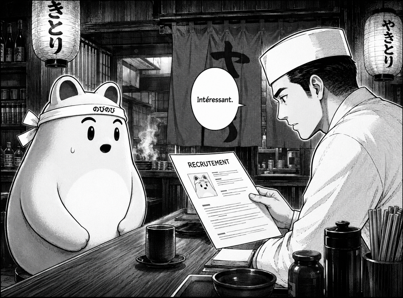 Chef cuisinier examinant le CV de la mascotte Nobi Nobi